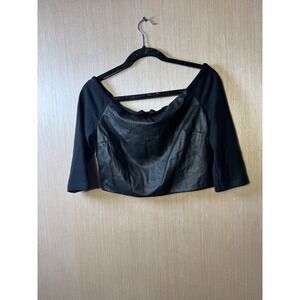 Alice + Olivia‎ Black Lambskin Leather Crop Top Off Shoulder 3/4 Sleeve